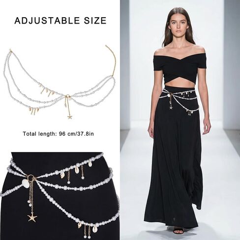 Seashell Pearl Waist Chain for Women Bohemian Mermaids Waist Belt Adjustable Layered Belly Chains Bikini Jewelry Accessories for Beach Summer Vacation in Kuwait