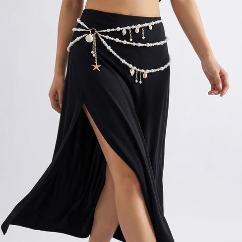 Seashell Pearl Waist Chain for Women Bohemian Mermaids Waist Belt Adjustable Layered Belly Chains Bikini Jewelry Accessories for Beach Summer Vacation in Kuwait