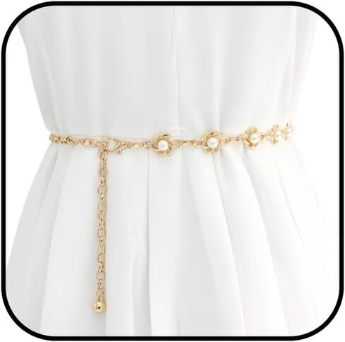 Gold Pearl waist belt for Women Adjustable Waist Chain with Flower Pearl Beads, Decorative Link Chain Belt for Dresses Formal Gowns Wedding Bridal Party Casual Outfits Versatile Waist Jewelry in Kuwait