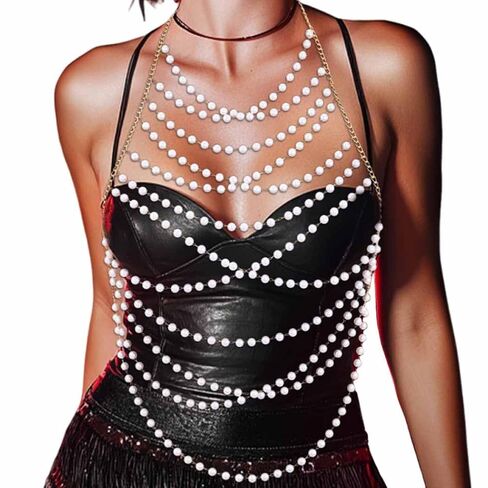 Zoestar Pearl Body Chain Layered Bikini Chest Chains Summer Beach Bra Accessories for Women in Kuwait