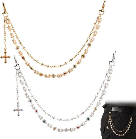 2 PCS Gold & Silver Cross Pants Chain for Women Men Y2K - Double Layer Pearl Heart Rhinestone Wallet Pocket Chain for Jeans, Pants Belt Bag Purse Jewelry Charms Gift in Kuwait
