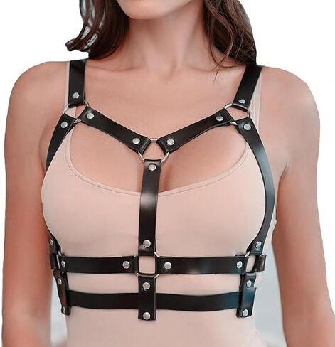 Punk Black Leather Chest Harness Body Waist Chain Belt Rave Nightclub Sexy Belly Bra Jewelry Accessory for Women Girls (Black in Saudi Arabia