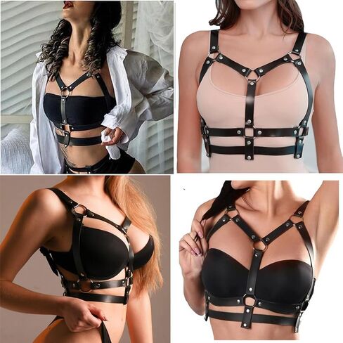 Punk Black Leather Chest Harness Body Waist Chain Belt Rave Nightclub Sexy Belly Bra Jewelry Accessory for Women Girls (Black in Saudi Arabia