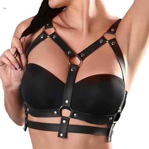Punk Black Leather Chest Harness Body Waist Chain Belt Rave Nightclub Sexy Belly Bra Jewelry Accessory for Women Girls (Black in Saudi Arabia