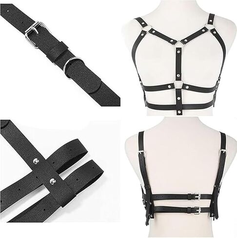 Punk Black Leather Chest Harness Body Waist Chain Belt Rave Nightclub Sexy Belly Bra Jewelry Accessory for Women Girls (Black in Saudi Arabia