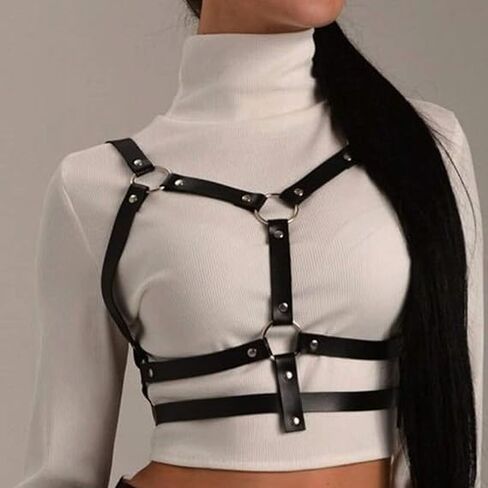 Punk Black Leather Chest Harness Body Waist Chain Belt Rave Nightclub Sexy Belly Bra Jewelry Accessory for Women Girls (Black in Saudi Arabia