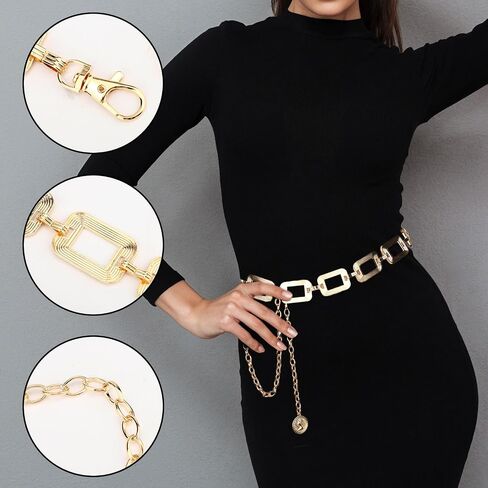Mikovivi Chunky Belt for Woman, Adjustable Metal Gold Waist Body Chain Fashionable Belly Link Belt for Dresses Vest Jeans Pants Trousers in Kuwait