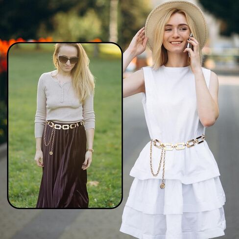 Mikovivi Chunky Belt for Woman, Adjustable Metal Gold Waist Body Chain Fashionable Belly Link Belt for Dresses Vest Jeans Pants Trousers in Kuwait