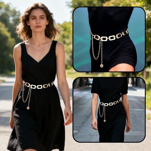 Mikovivi Chunky Belt for Woman, Adjustable Metal Gold Waist Body Chain Fashionable Belly Link Belt for Dresses Vest Jeans Pants Trousers in Kuwait