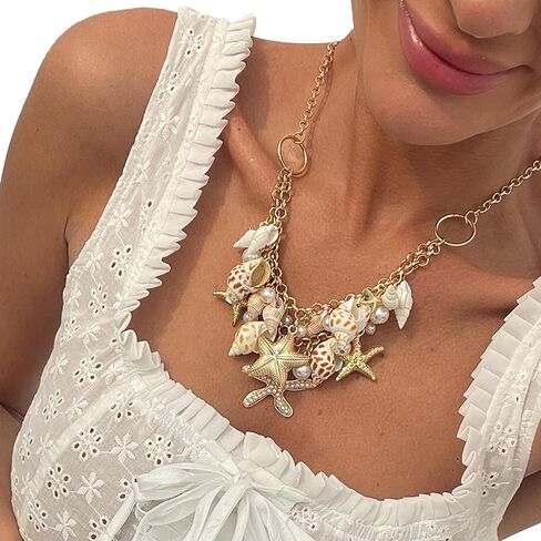 Bikini Gold Starfish Conch Tassel Necklace for Women,Gold Pearl Shell Collar Chain Necklace,Summer Beach Vintage Bead Clavicle Chain Necklace in Saudi Arabia