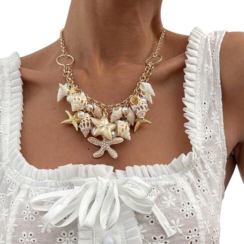 Bikini Gold Starfish Conch Tassel Necklace for Women,Gold Pearl Shell Collar Chain Necklace,Summer Beach Vintage Bead Clavicle Chain Necklace in Saudi Arabia