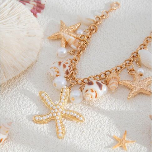 Bikini Gold Starfish Conch Tassel Necklace for Women,Gold Pearl Shell Collar Chain Necklace,Summer Beach Vintage Bead Clavicle Chain Necklace in Saudi Arabia