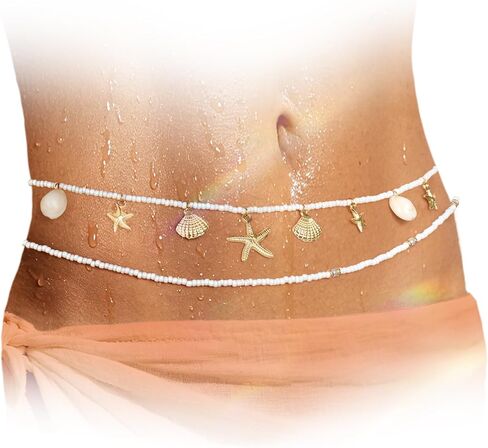 Seashell Waist Chain for Women 2 Pcs Starfish Beads Belly Belt Beach Jewelry Accessories Gold in Saudi Arabia
