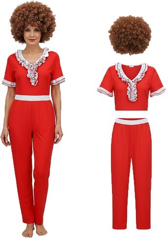 Women's Im 50 Costume Set, Kick Red Ruffled Crop Top with Pants and Wig, Halloween Cosplay Outfit in Saudi Arabia