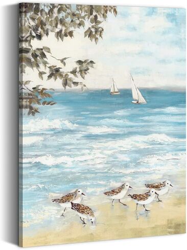 summer melody Bathroom Beach Canvas Wall Art: Coastal Sea Bird Painting Abstract Ocean Artwork Seashore Seagull Picture Modern Seaside Sandpiper Prints Bedroom Blue Seascape Nature Theme Gallery Art in Saudi Arabia