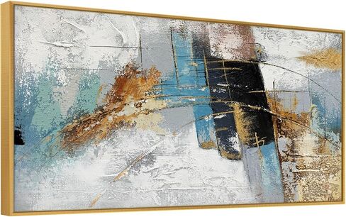 Large 100% Handmade Abstract Oil Painting with Frame Modern Original Hand Painted Heavy Textured Wall Painting Blue Gold Grey Canvas Wall Art Wall Decor for Living Room Bedroom Office Hang 48x24 inch in Saudi Arabia
