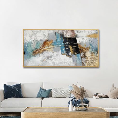 Large 100% Handmade Abstract Oil Painting with Frame Modern Original Hand Painted Heavy Textured Wall Painting Blue Gold Grey Canvas Wall Art Wall Decor for Living Room Bedroom Office Hang 48x24 inch in Saudi Arabia
