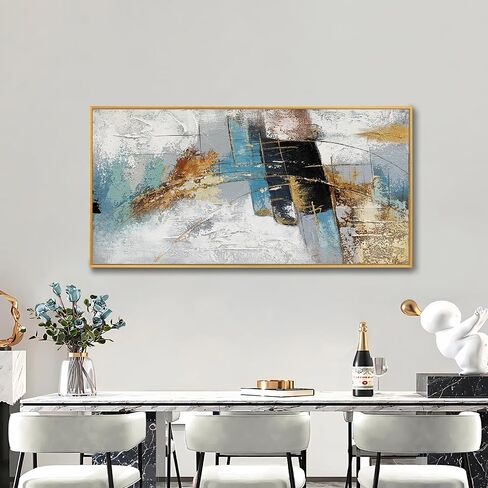 Large 100% Handmade Abstract Oil Painting with Frame Modern Original Hand Painted Heavy Textured Wall Painting Blue Gold Grey Canvas Wall Art Wall Decor for Living Room Bedroom Office Hang 48x24 inch in Saudi Arabia