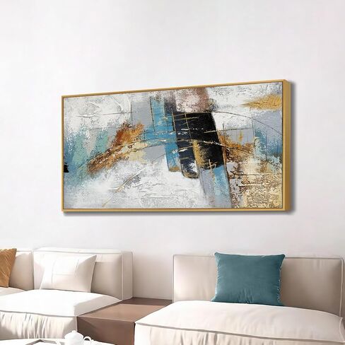 Large 100% Handmade Abstract Oil Painting with Frame Modern Original Hand Painted Heavy Textured Wall Painting Blue Gold Grey Canvas Wall Art Wall Decor for Living Room Bedroom Office Hang 48x24 inch in Saudi Arabia