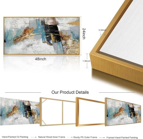 Large 100% Handmade Abstract Oil Painting with Frame Modern Original Hand Painted Heavy Textured Wall Painting Blue Gold Grey Canvas Wall Art Wall Decor for Living Room Bedroom Office Hang 48x24 inch in Saudi Arabia