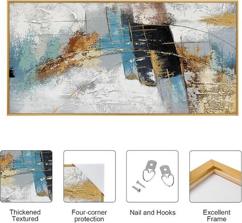 Large 100% Handmade Abstract Oil Painting with Frame Modern Original Hand Painted Heavy Textured Wall Painting Blue Gold Grey Canvas Wall Art Wall Decor for Living Room Bedroom Office Hang 48x24 inch in Saudi Arabia