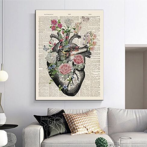 1pc Anatomical Heart Canvas Poster Vintage Floral Design Printed Educational Wall Art for Bedroom, Office, Classroom Decor. (Note: photo frame not included), 11.81x17.72in in Kuwait