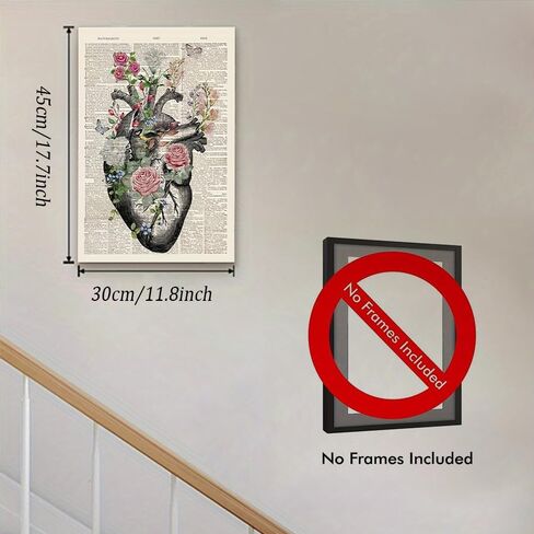 1pc Anatomical Heart Canvas Poster Vintage Floral Design Printed Educational Wall Art for Bedroom, Office, Classroom Decor. (Note: photo frame not included), 11.81x17.72in in Kuwait