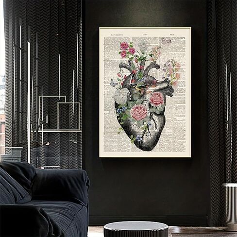 1pc Anatomical Heart Canvas Poster Vintage Floral Design Printed Educational Wall Art for Bedroom, Office, Classroom Decor. (Note: photo frame not included), 11.81x17.72in in Kuwait
