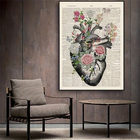 1pc Anatomical Heart Canvas Poster Vintage Floral Design Printed Educational Wall Art for Bedroom, Office, Classroom Decor. (Note: photo frame not included), 11.81x17.72in in Kuwait