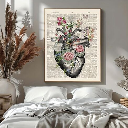 1pc Anatomical Heart Canvas Poster Vintage Floral Design Printed Educational Wall Art for Bedroom, Office, Classroom Decor. (Note: photo frame not included), 11.81x17.72in in Kuwait