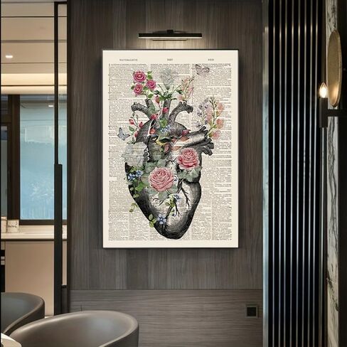 1pc Anatomical Heart Canvas Poster Vintage Floral Design Printed Educational Wall Art for Bedroom, Office, Classroom Decor. (Note: photo frame not included), 11.81x17.72in in Kuwait
