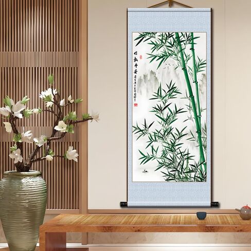 Trwteru Chinese Ancient Landscape Scroll Painting, Traditional Feng Shui Calligraphy Ink Art Wall Decor Poster for Living Room/Office/Bedroom/Study Room - Peace Bamboo, 32 * 14 Inch in Saudi Arabia