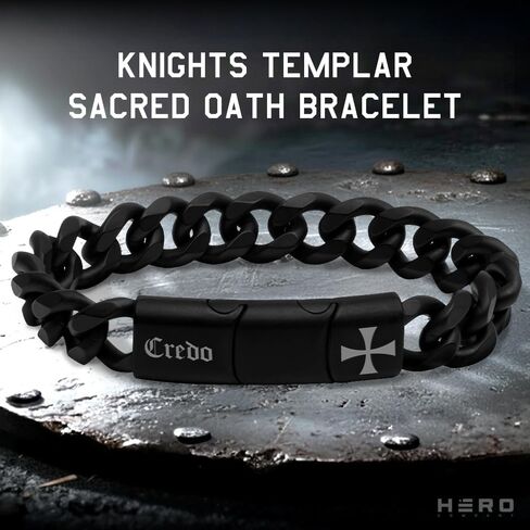 Hero Company Black Cuban Link Bracelet for Men ‘Knights Templar Sacred Oath’ - Helps Pair Veterans with a Service Dog or Shelter Dog in Saudi Arabia