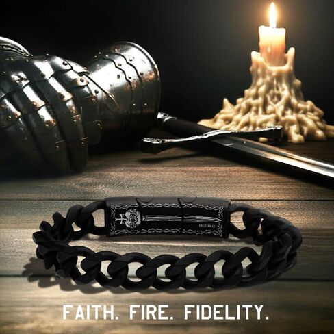 Hero Company Black Cuban Link Bracelet for Men ‘Knights Templar Sacred Oath’ - Helps Pair Veterans with a Service Dog or Shelter Dog in Saudi Arabia