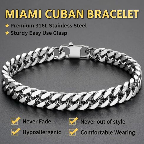 8.5mm Mens Silver Black 316L Diamond-cut Stainless Steel Cuban Link Chain Bracelet for Men, Durable Classic Wrist Jewelry, Gift for Him in Saudi Arabia