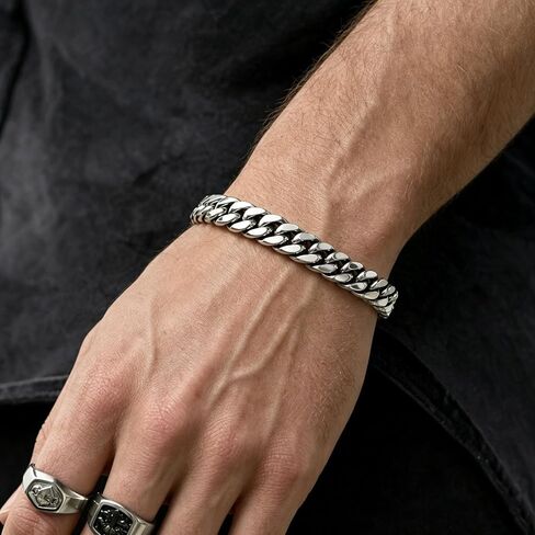 8.5mm Mens Silver Black 316L Diamond-cut Stainless Steel Cuban Link Chain Bracelet for Men, Durable Classic Wrist Jewelry, Gift for Him in Saudi Arabia
