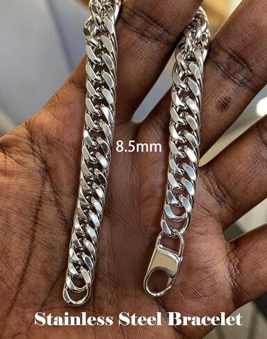 8.5mm Mens Silver Black 316L Diamond-cut Stainless Steel Cuban Link Chain Bracelet for Men, Durable Classic Wrist Jewelry, Gift for Him in Saudi Arabia