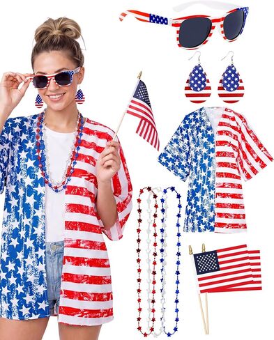 4th of July Outfits for Women - Patriotic Costume American Flag Shirt Glasses Earring for Independence Day in Saudi Arabia