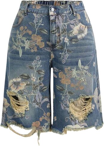 WDIRARA Women's Plus Size Floral Print Distressed Denim Bermuda Shorts High Waist Frayed Hem in Kuwait