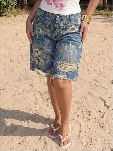 WDIRARA Women's Plus Size Floral Print Distressed Denim Bermuda Shorts High Waist Frayed Hem in Kuwait