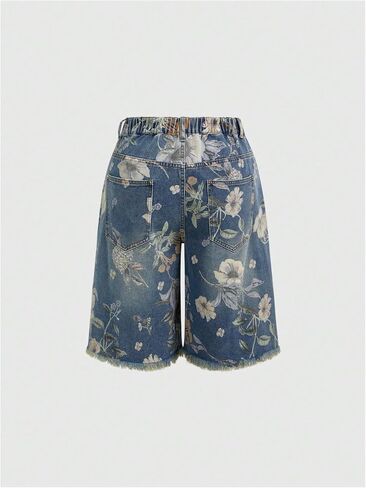 WDIRARA Women's Plus Size Floral Print Distressed Denim Bermuda Shorts High Waist Frayed Hem in Kuwait
