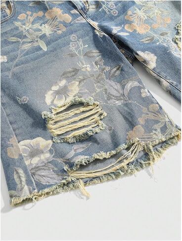 WDIRARA Women's Plus Size Floral Print Distressed Denim Bermuda Shorts High Waist Frayed Hem in Kuwait