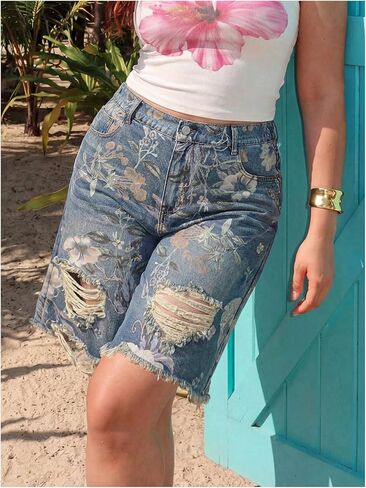 WDIRARA Women's Plus Size Floral Print Distressed Denim Bermuda Shorts High Waist Frayed Hem in Kuwait