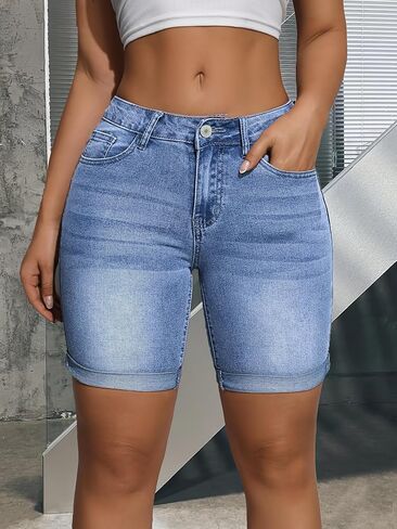 Womens Mid Rise Roll Cuff Bermuda Stretch Denim Jean Shorts Elegant Style with Button Details and Pockets for Spring/Summer in Kuwait