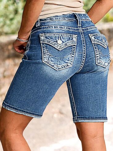 Flamingals Mid Waist Denim Bermuda Shorts for Women Wash Stretchy Keen Length Summer Trendy Jean Shorts with Flap Pockets in Saudi Arabia