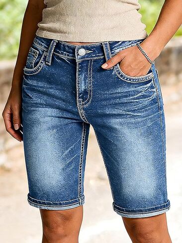 Flamingals Mid Waist Denim Bermuda Shorts for Women Wash Stretchy Keen Length Summer Trendy Jean Shorts with Flap Pockets in Saudi Arabia