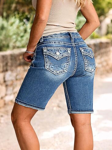 Flamingals Mid Waist Denim Bermuda Shorts for Women Wash Stretchy Keen Length Summer Trendy Jean Shorts with Flap Pockets in Saudi Arabia