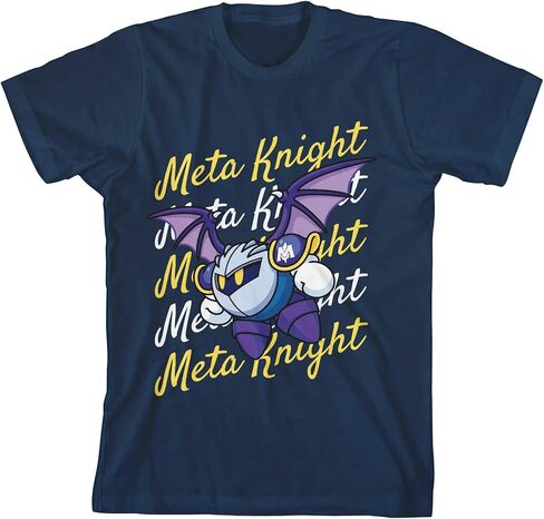 تي شيرت Kirby Meta Knight Flying with Repeat Text للأولاد باللون الأزرق الداكن - صغير in Kuwait