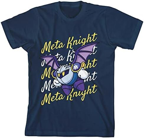 تي شيرت Kirby Meta Knight Flying with Repeat Text للأولاد باللون الأزرق الداكن - صغير in Kuwait