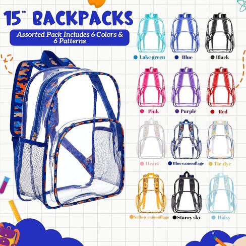 Amylove 48 Pcs Clear Backpacks Bulk Heavy Duty Transparent PVC Bookbag for Stadium Security Travel (15 Inches,Colorful) in Kuwait
